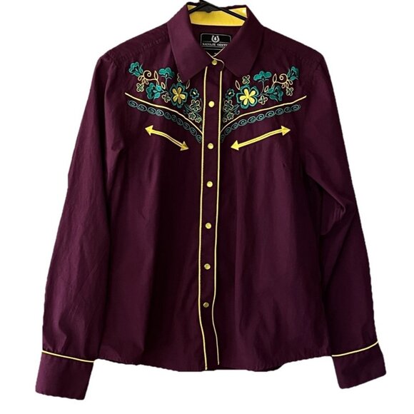 Salvaje Oeste Tops - Salvaje Oeste Women's Medium Pearl Snap Floral Embroidered Western Shirt Purple